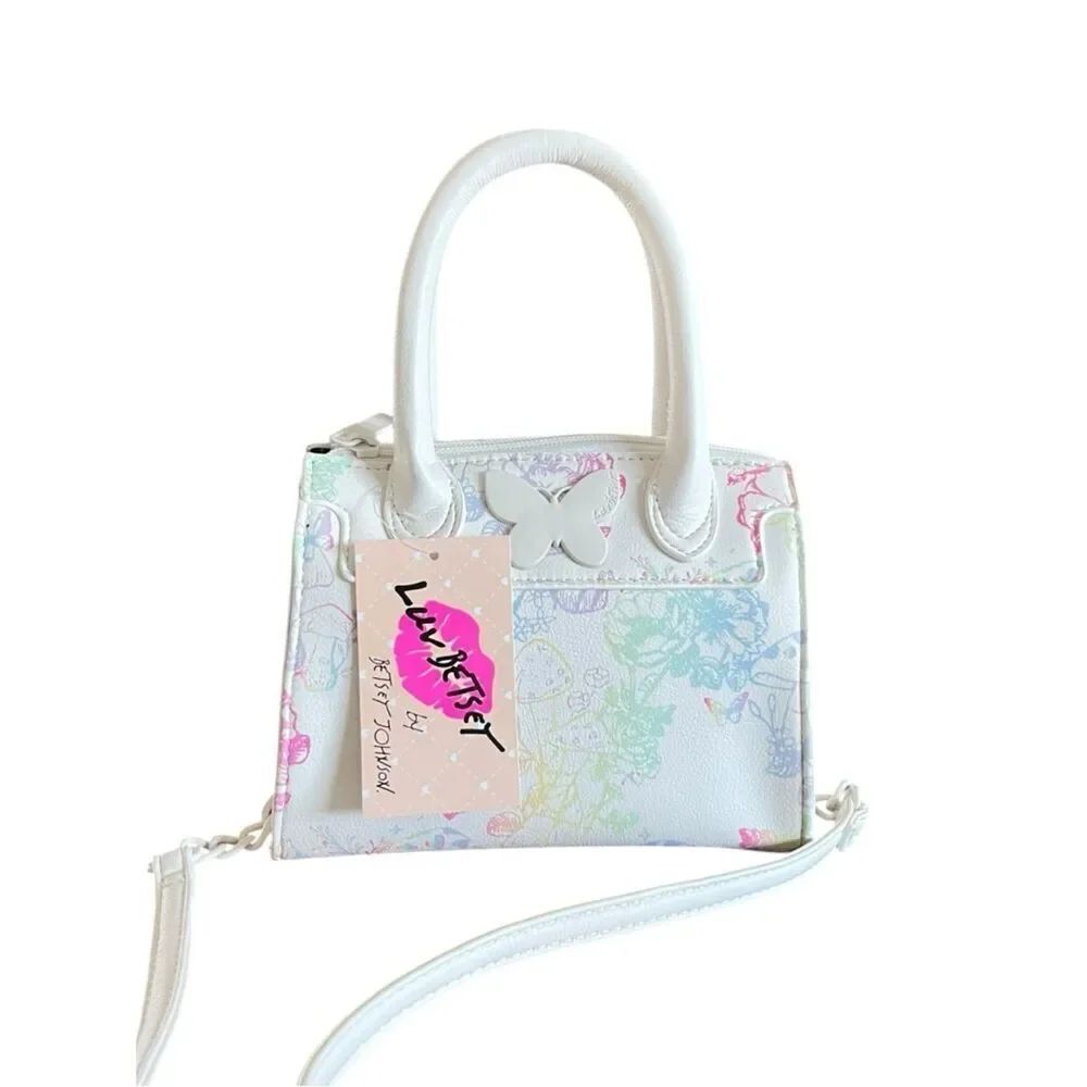 Betsey Johnson White Faux Leather Printed Butterfly Mushroom Mini Satchel Purse